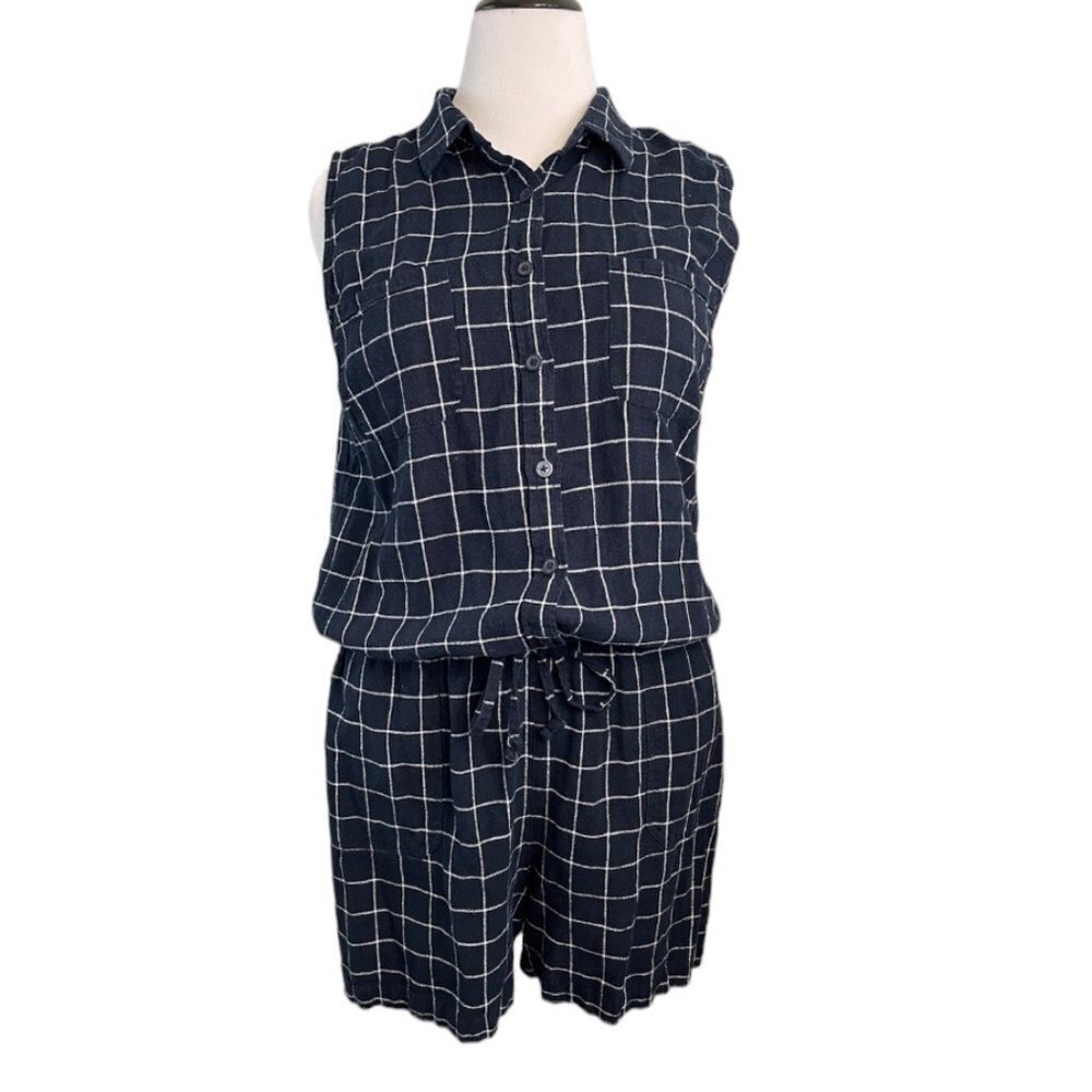 Ann Taylor Factory Navy and White Checkered Windowpane Sleeveless Romper Size 14
